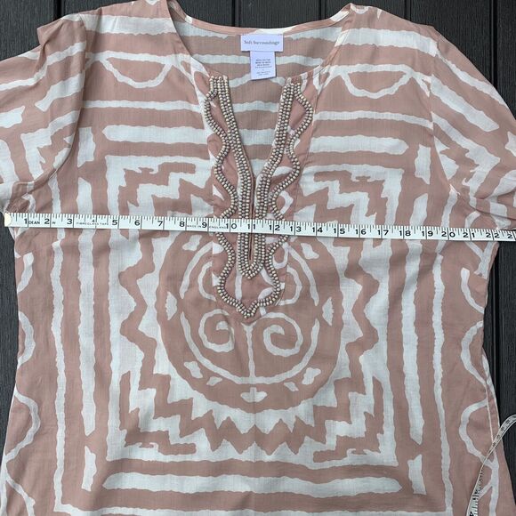 Soft Surroundings Pink White Tribal Top Tunic Cover Up Beaded Hook Closure Large - Picture 5 of 8